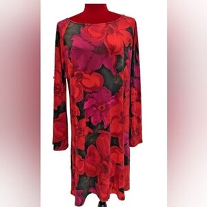 MSK Red Purple and Black Floral Dress Longsleevee XL